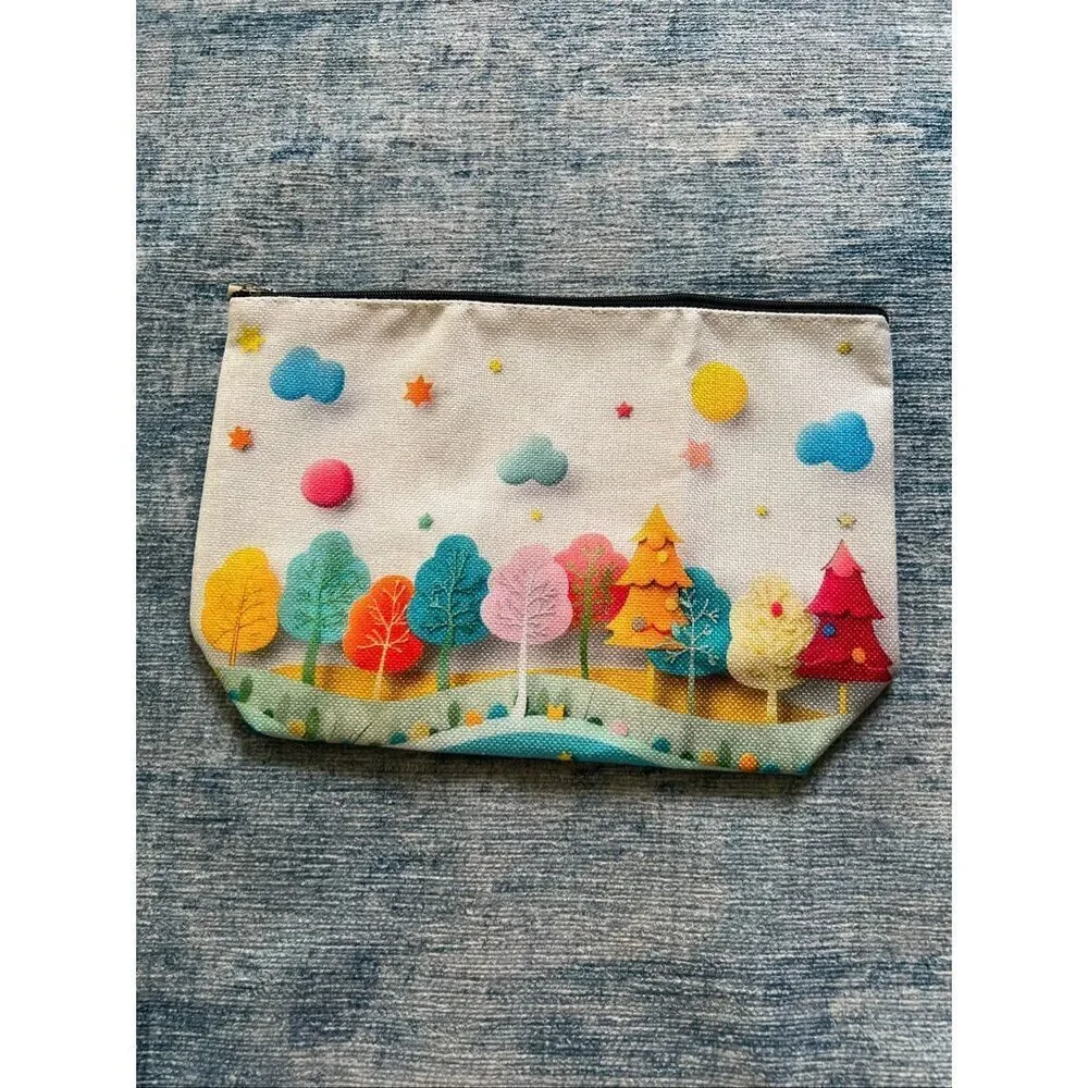 Colorful Trees Clouds Stars Cotton Canvas Small Makeup Bag Travel Toiletry Pouch